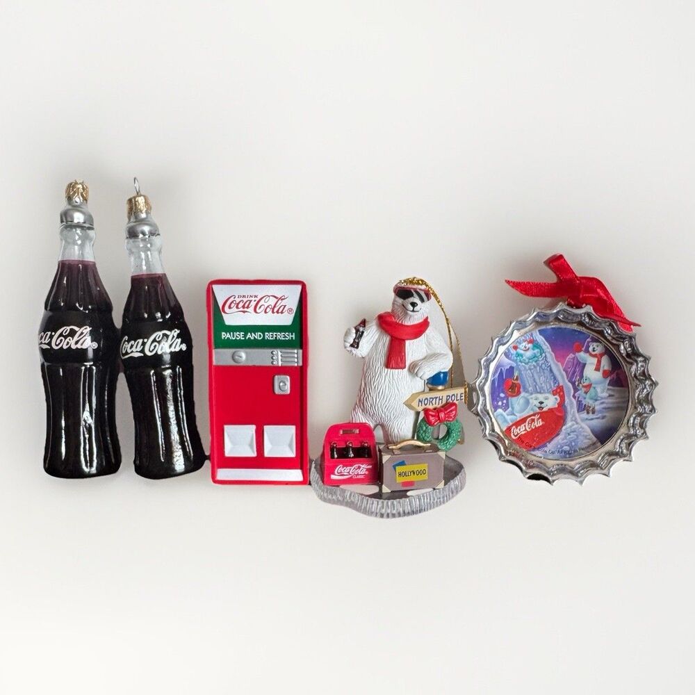 Coca Cola Christmas Ornament Lot of 5 Holiday Bottle Polar Bear Fridge